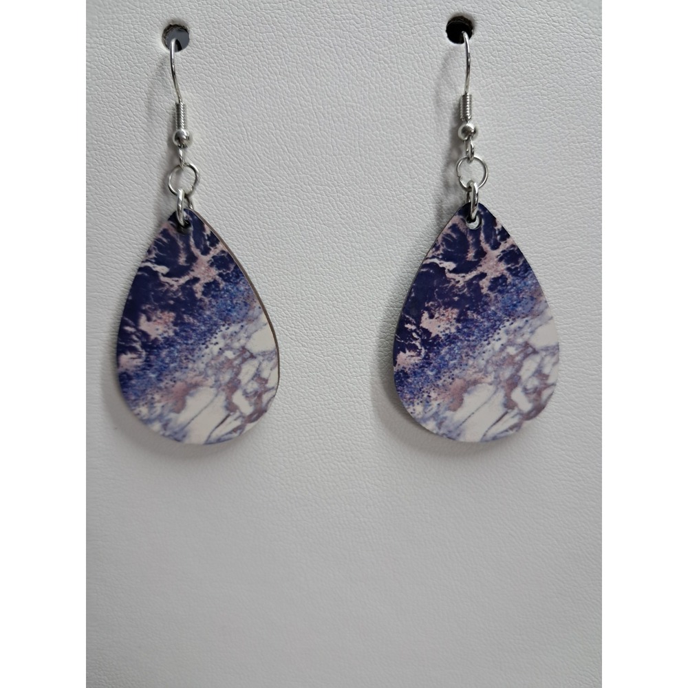 Purple‎ Marble Teardrop Dangle Earrings Silver Tone French Hook Abstract Print